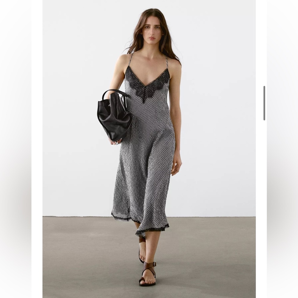 Massimo Dutti Black and White Gingham Slip Dress with Lace Trim